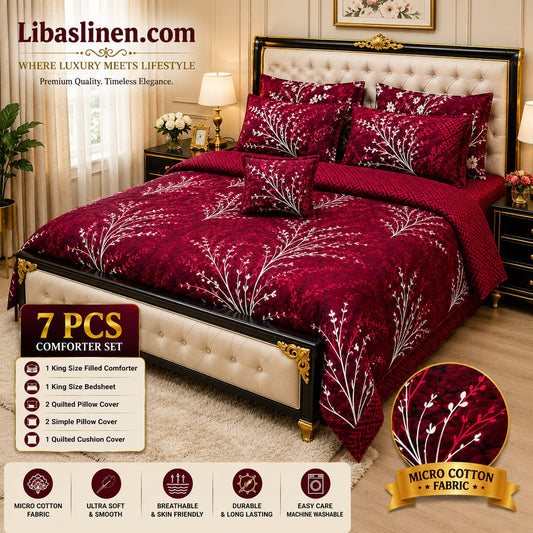 7 Piece Printed Comforter Set – King Size Cotton Mix Luxury Bedding Set with Filled Comforter
