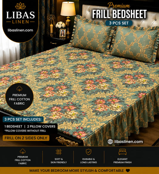 Premium 3 Pcs Frill Bedsheet Set – King Size Soft Cotton Luxury Bedding