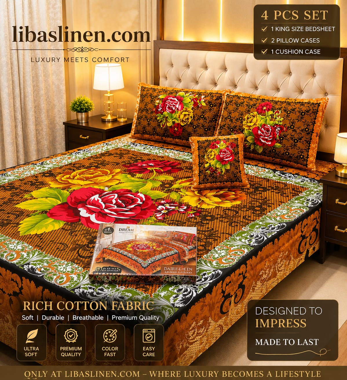 4PCS Bedsheet Set – Soft and 3D Digital Panel Bedsheet