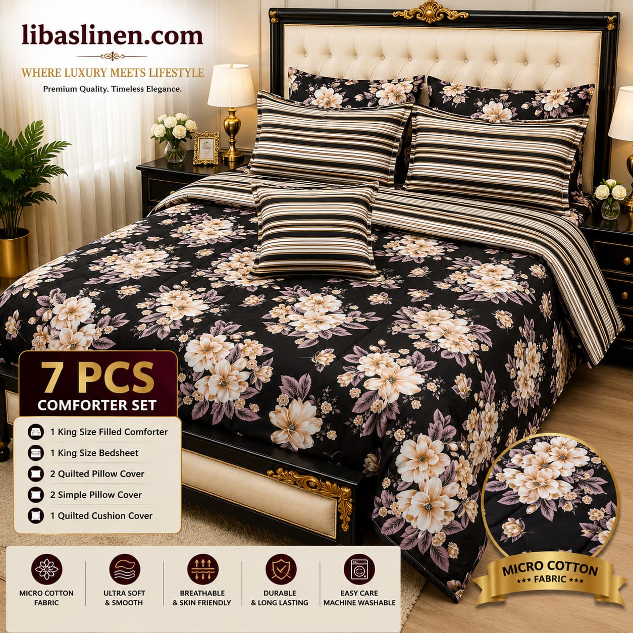 7 Piece Printed Comforter Set – King Size Cotton Mix Luxury Bedding Set with Filled Comforter
