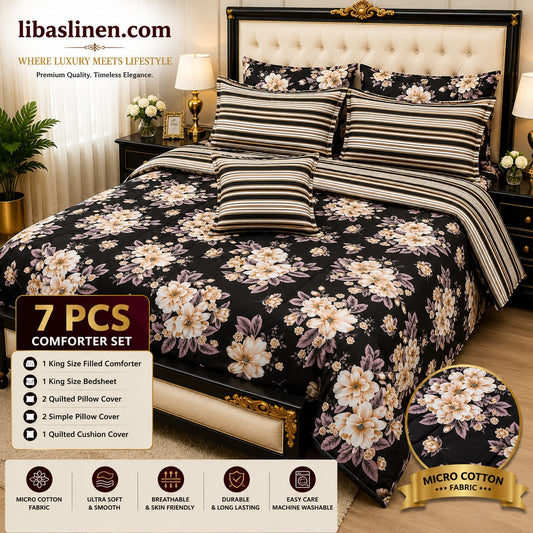 7 Piece Printed Comforter Set – King Size Cotton Mix Luxury Bedding Set with Filled Comforter