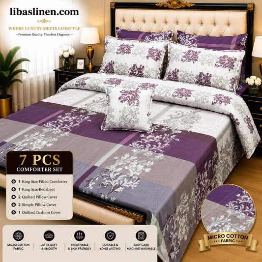 7 Piece Printed Comforter Set – King Size Cotton Mix Luxury Bedding Set with Filled Comforter
