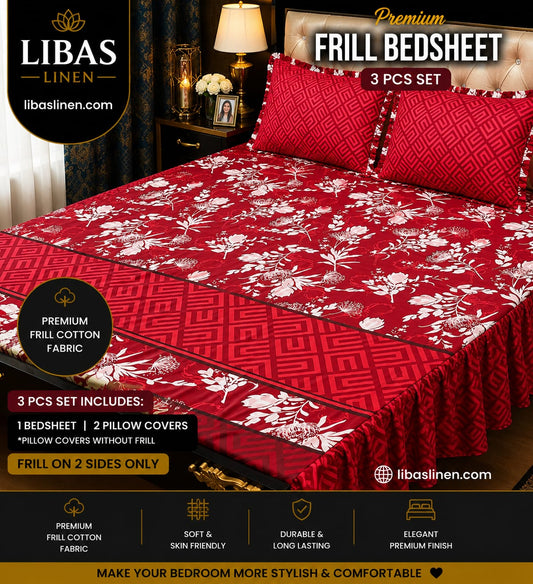 Premium 3 Pcs Frill Bedsheet Set – King Size Soft Cotton Luxury Bedding