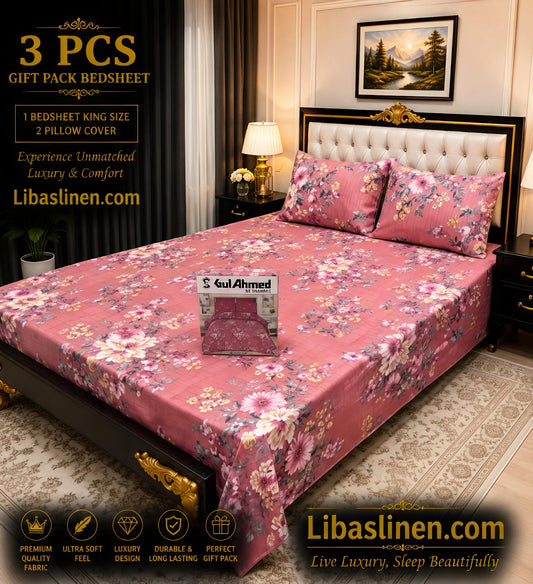 Gift Pack 3 Pcs cotton Mix Bedsheet Set-King Size Soft Cotton Luxury Bedding
