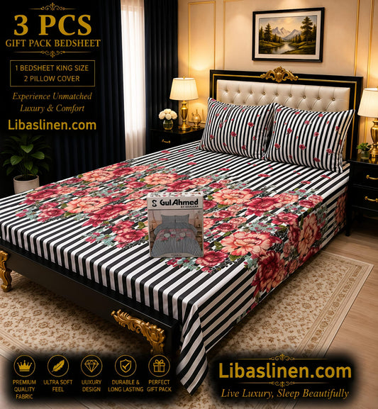 Gift Pack 3 Pcs cotton Mix Bedsheet Set-King Size Soft Cotton Luxury Bedding