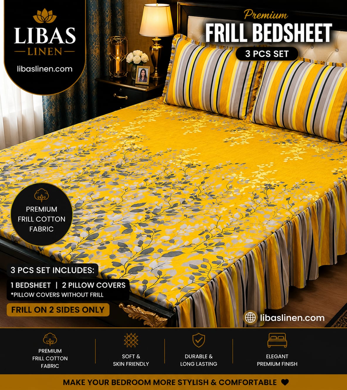 Premium 3 Pcs Frill Bedsheet Set – King Size Soft Cotton Luxury Bedding