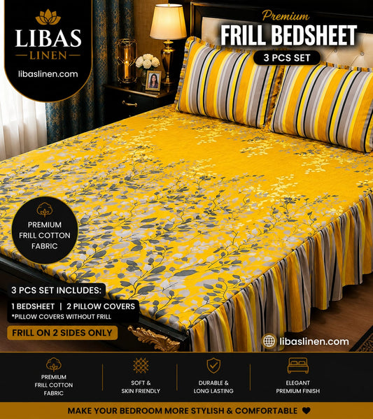 Premium 3 Pcs Frill Bedsheet Set – King Size Soft Cotton Luxury Bedding