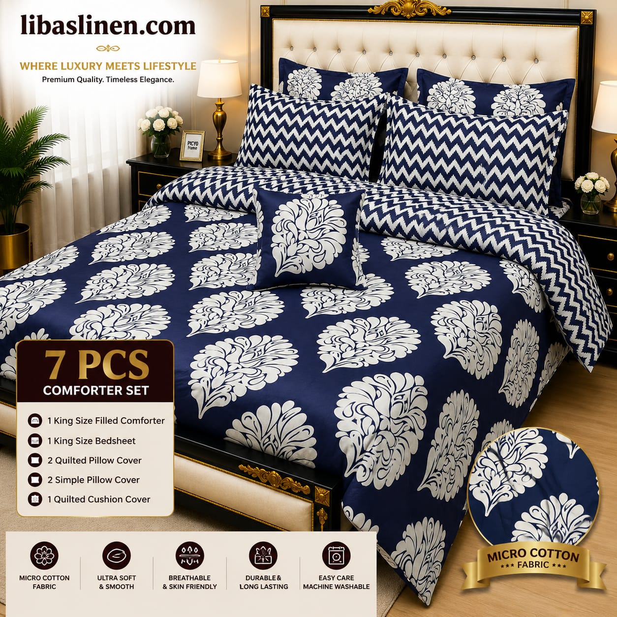 7 Piece Printed Comforter Set – King Size Cotton Mix Luxury Bedding Set with Filled Comforter