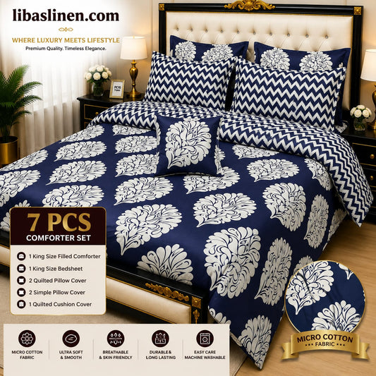 7 Piece Printed Comforter Set – King Size Cotton Mix Luxury Bedding Set with Filled Comforter