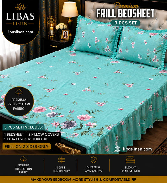Premium 3 Pcs Frill Bedsheet Set – King Size Soft Cotton Luxury Bedding