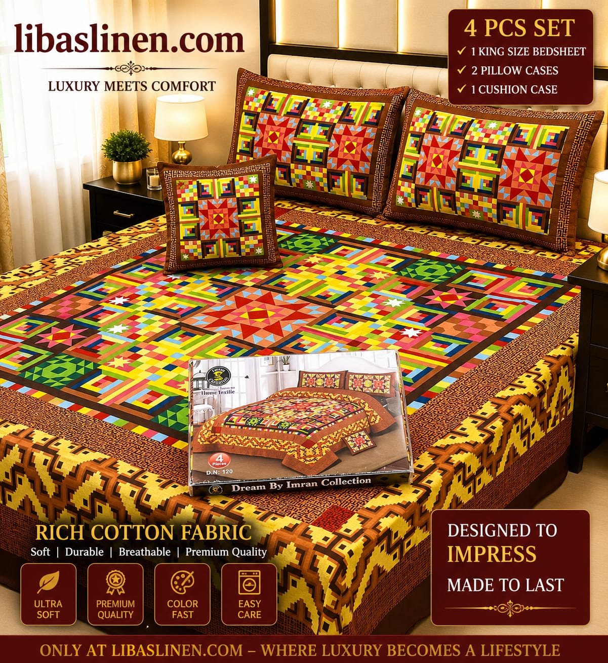 4PCS Bedsheet Set – Soft and 3D Digital Panel Bedsheet