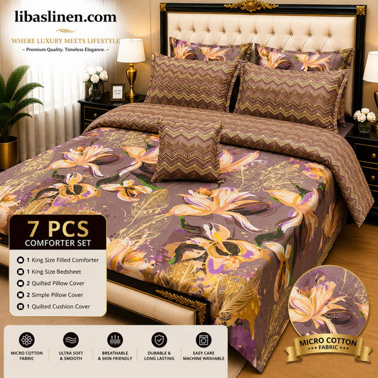 7 Piece Printed Comforter Set – King Size Cotton Mix Luxury Bedding Set with Filled Comforter