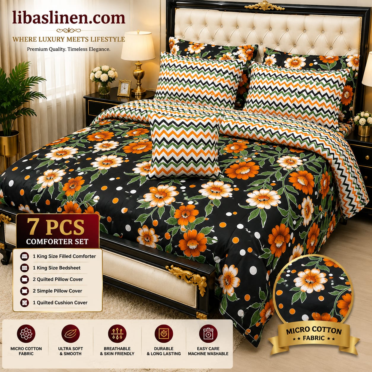 7 Piece Printed Comforter Set – King Size Cotton Mix Luxury Bedding Set with Filled Comforter