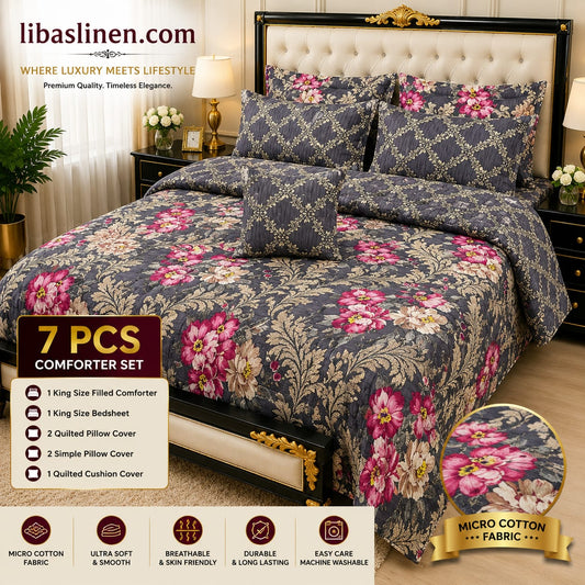7 Piece Printed Comforter Set – King Size Cotton Mix Luxury Bedding Set with Filled Comforter