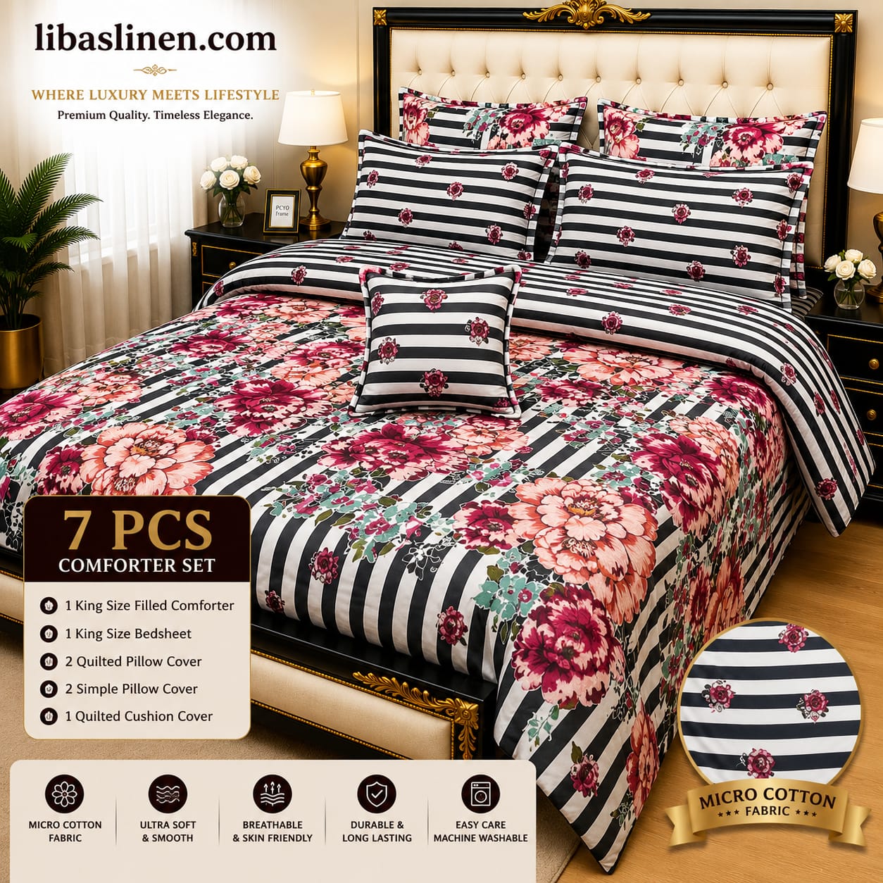 7 Piece Printed Comforter Set – King Size Cotton Mix Luxury Bedding Set with Filled Comforter