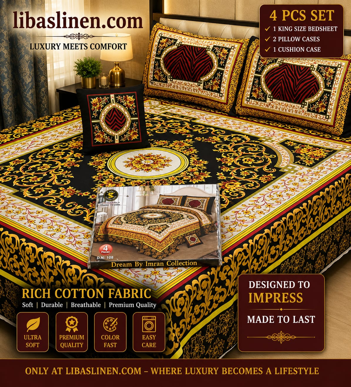 4PCS Bedsheet Set – Soft and 3D Digital Panel Bedsheet