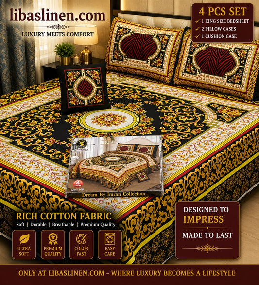 4PCS Bedsheet Set – Soft and 3D Digital Panel Bedsheet
