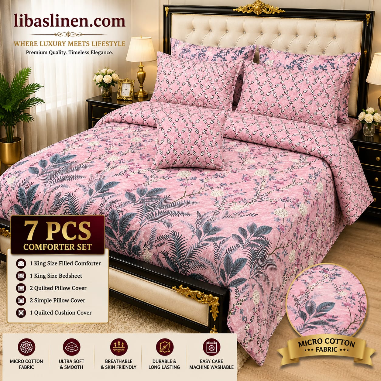 7 Piece Printed Comforter Set – King Size Cotton Mix Luxury Bedding Set with Filled Comforter