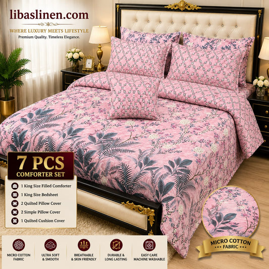 7 Piece Printed Comforter Set – King Size Cotton Mix Luxury Bedding Set with Filled Comforter