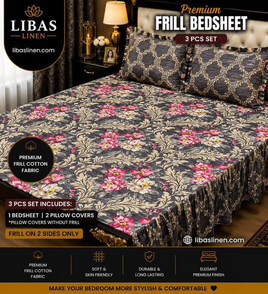 Premium 3 Pcs Frill Bedsheet Set – King Size Soft Cotton Luxury Bedding