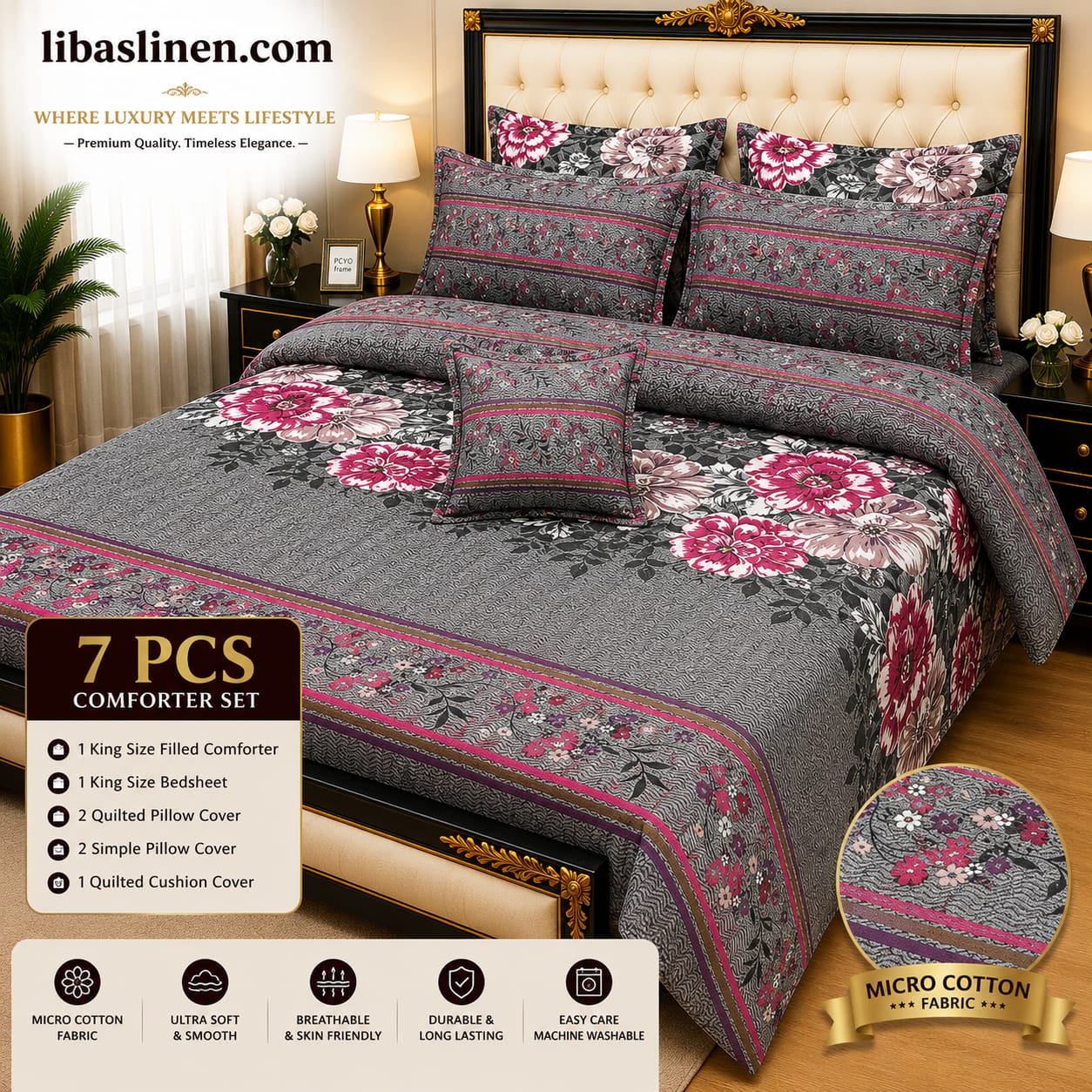 7 Piece Printed Comforter Set – King Size Cotton Mix Luxury Bedding Set with Filled Comforter