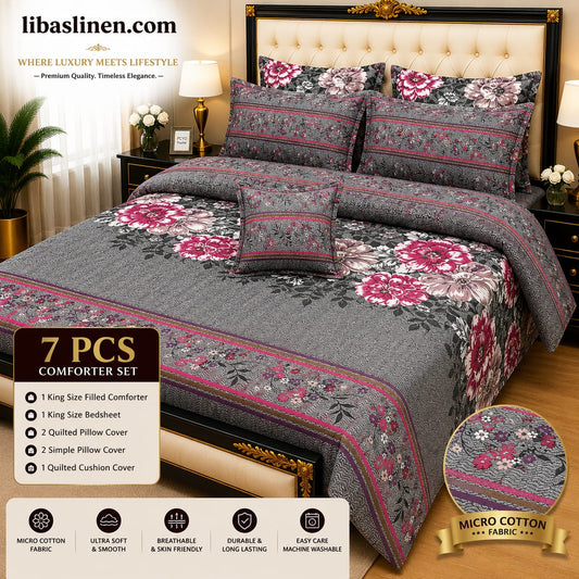 7 Piece Printed Comforter Set – King Size Cotton Mix Luxury Bedding Set with Filled Comforter