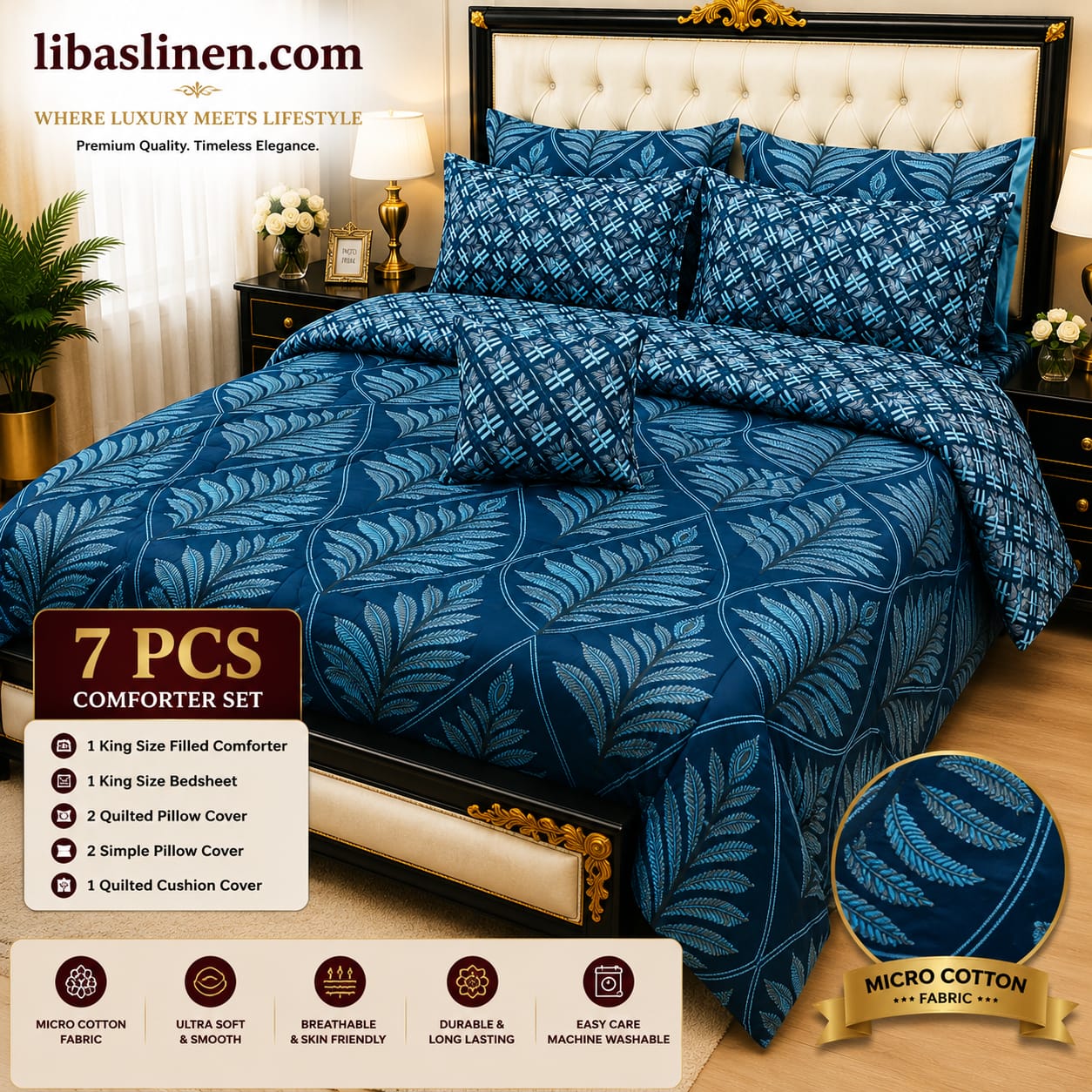 7 Piece Printed Comforter Set – King Size Cotton Mix Luxury Bedding Set with Filled Comforter