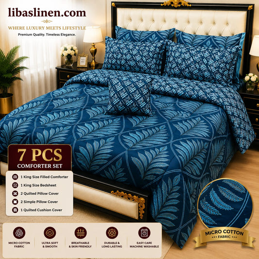 7 Piece Printed Comforter Set – King Size Cotton Mix Luxury Bedding Set with Filled Comforter