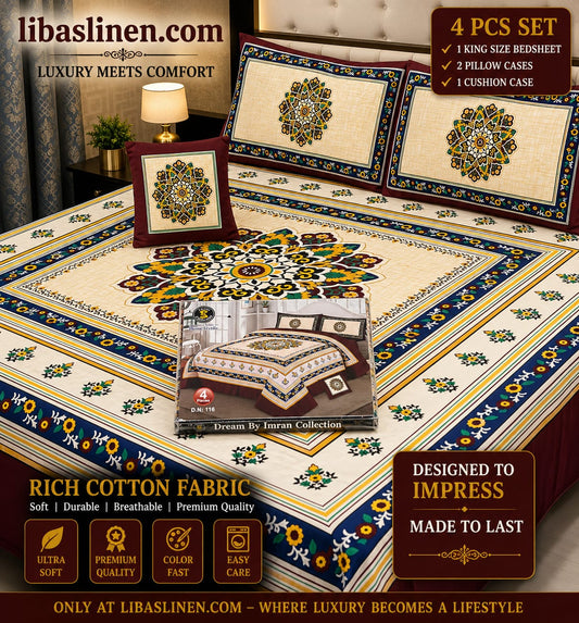 4PCS Bedsheet Set – Soft and 3D Digital Panel Bedsheet