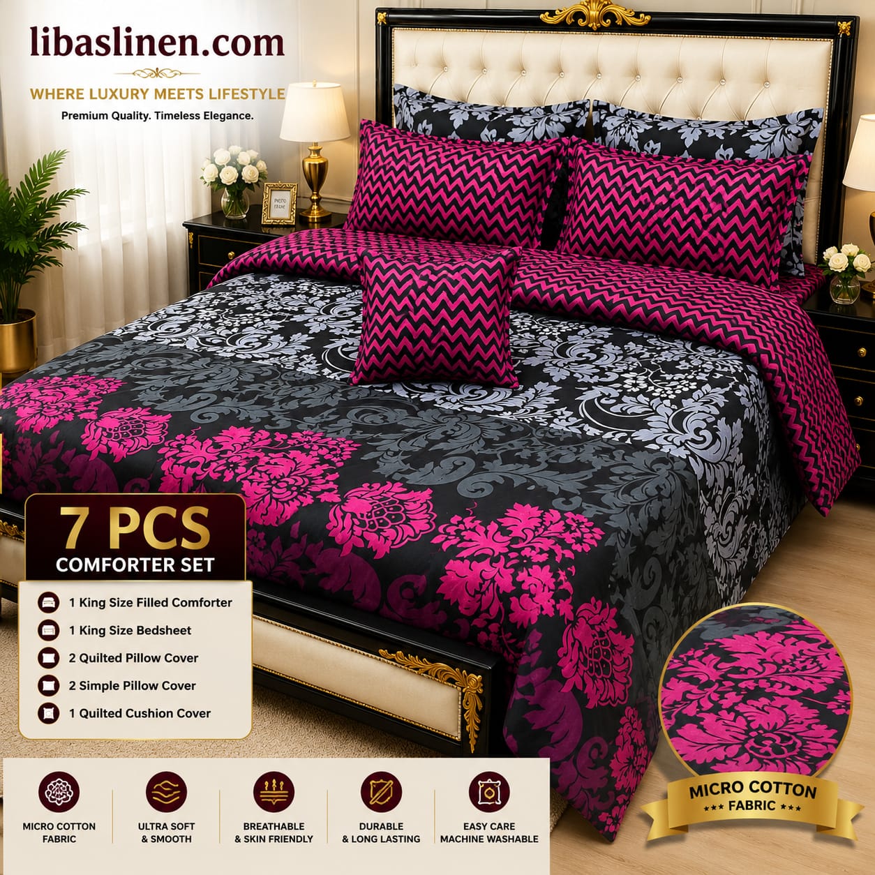7 Piece Printed Comforter Set – King Size Cotton Mix Luxury Bedding Set with Filled Comforter