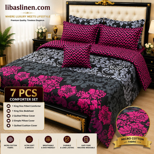 7 Piece Printed Comforter Set – King Size Cotton Mix Luxury Bedding Set with Filled Comforter