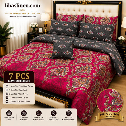 7 Piece Printed Comforter Set – King Size Cotton Mix Luxury Bedding Set with Filled Comforter