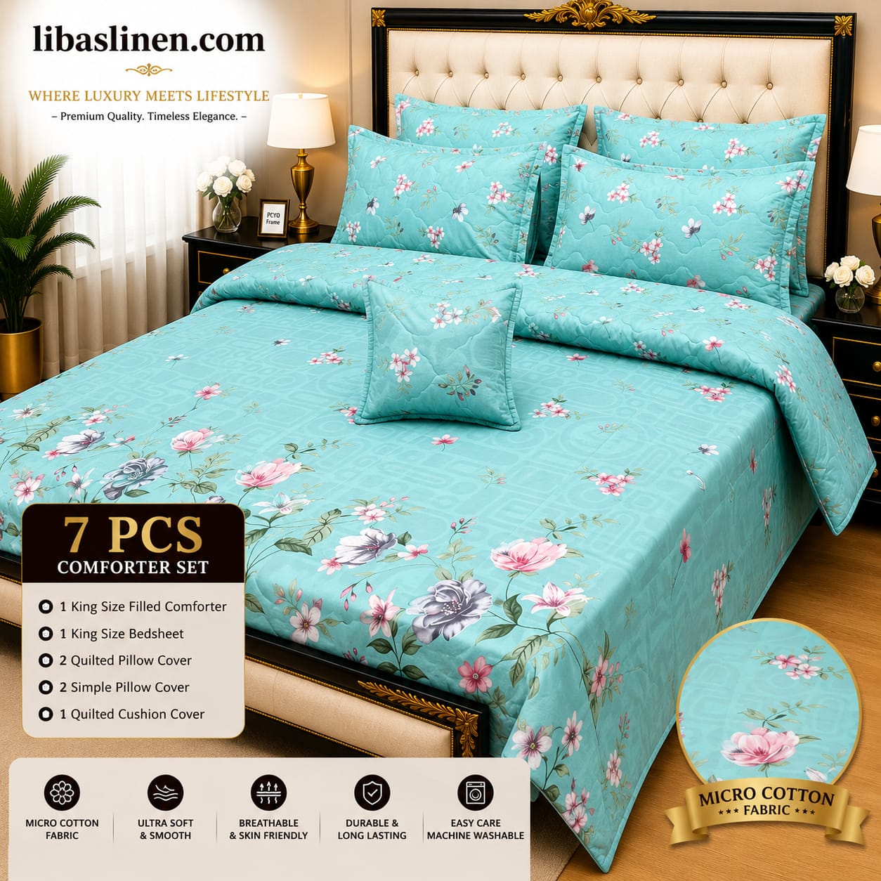 7 Piece Printed Comforter Set – King Size Cotton Mix Luxury Bedding Set with Filled Comforter