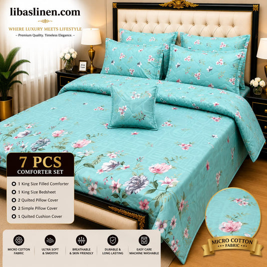 7 Piece Printed Comforter Set – King Size Cotton Mix Luxury Bedding Set with Filled Comforter