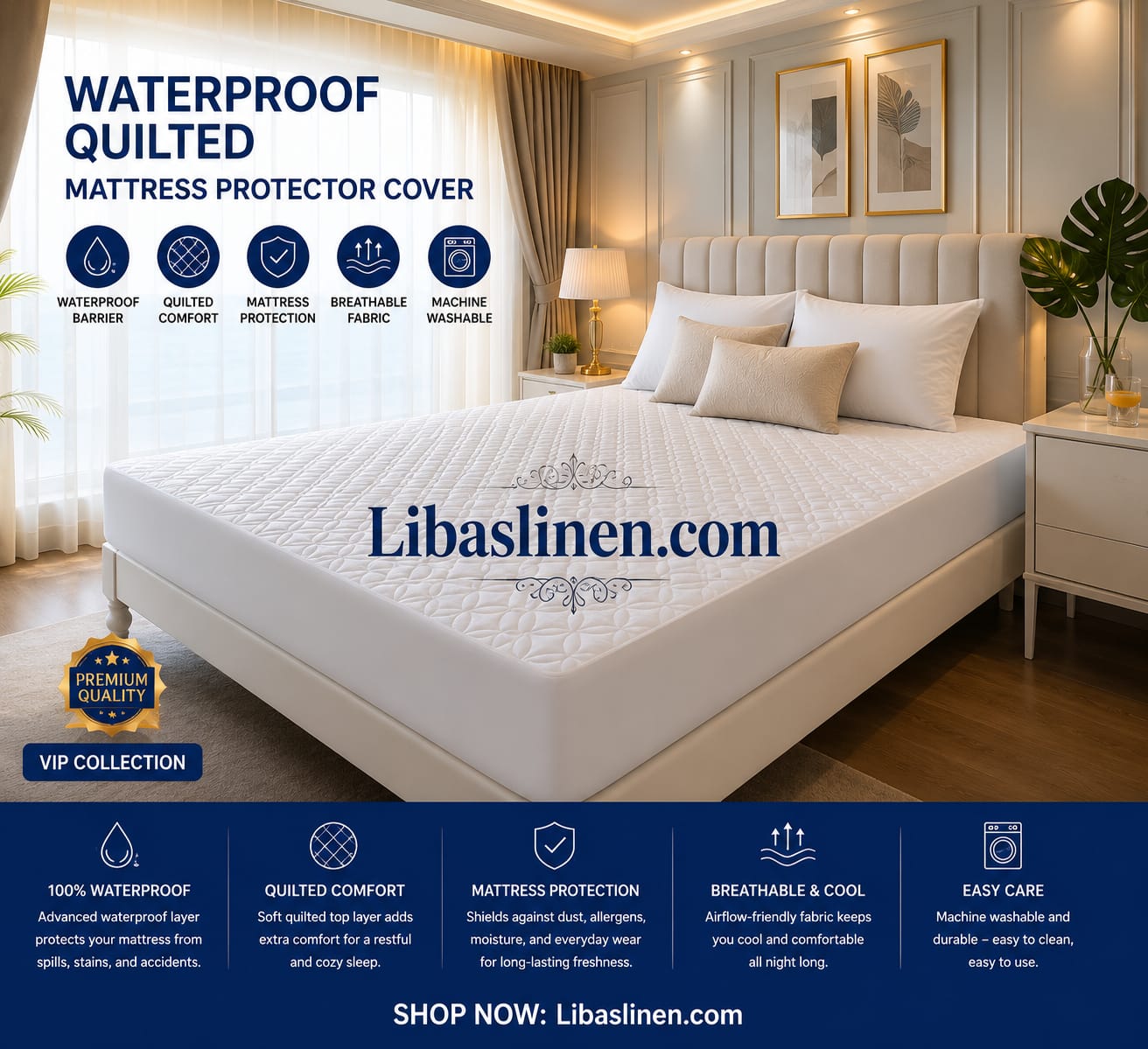 Quilted Waterproof Mattress Cover - Double Bed Fitted Mattress