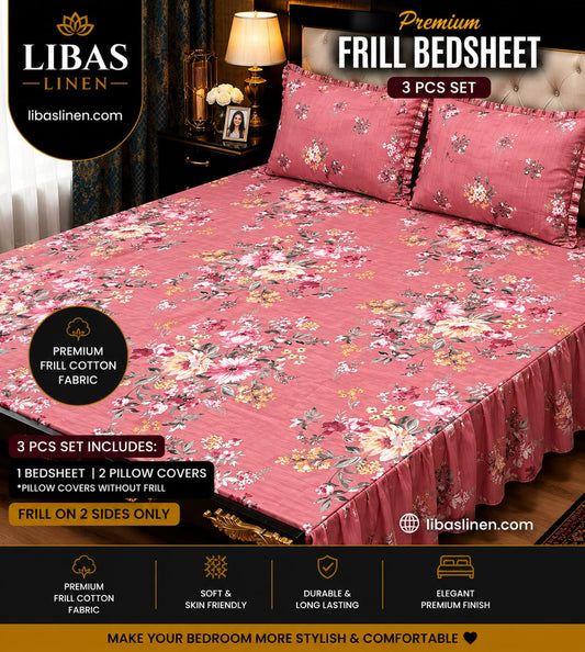 Premium 3 Pcs Frill Bedsheet Set – King Size Soft Cotton Luxury Bedding