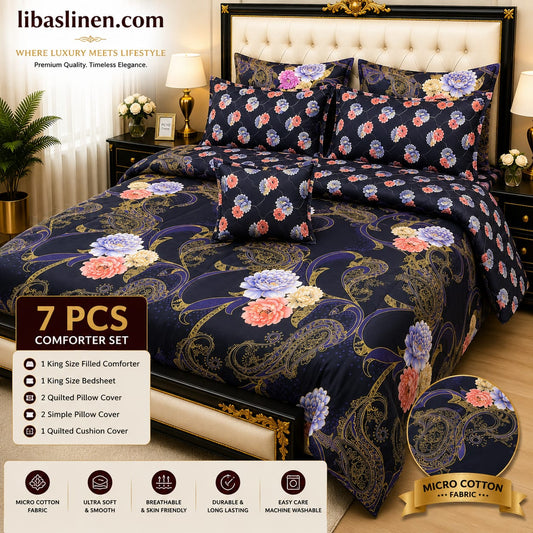 7 Piece Printed Comforter Set – King Size Cotton Mix Luxury Bedding Set with Filled Comforter
