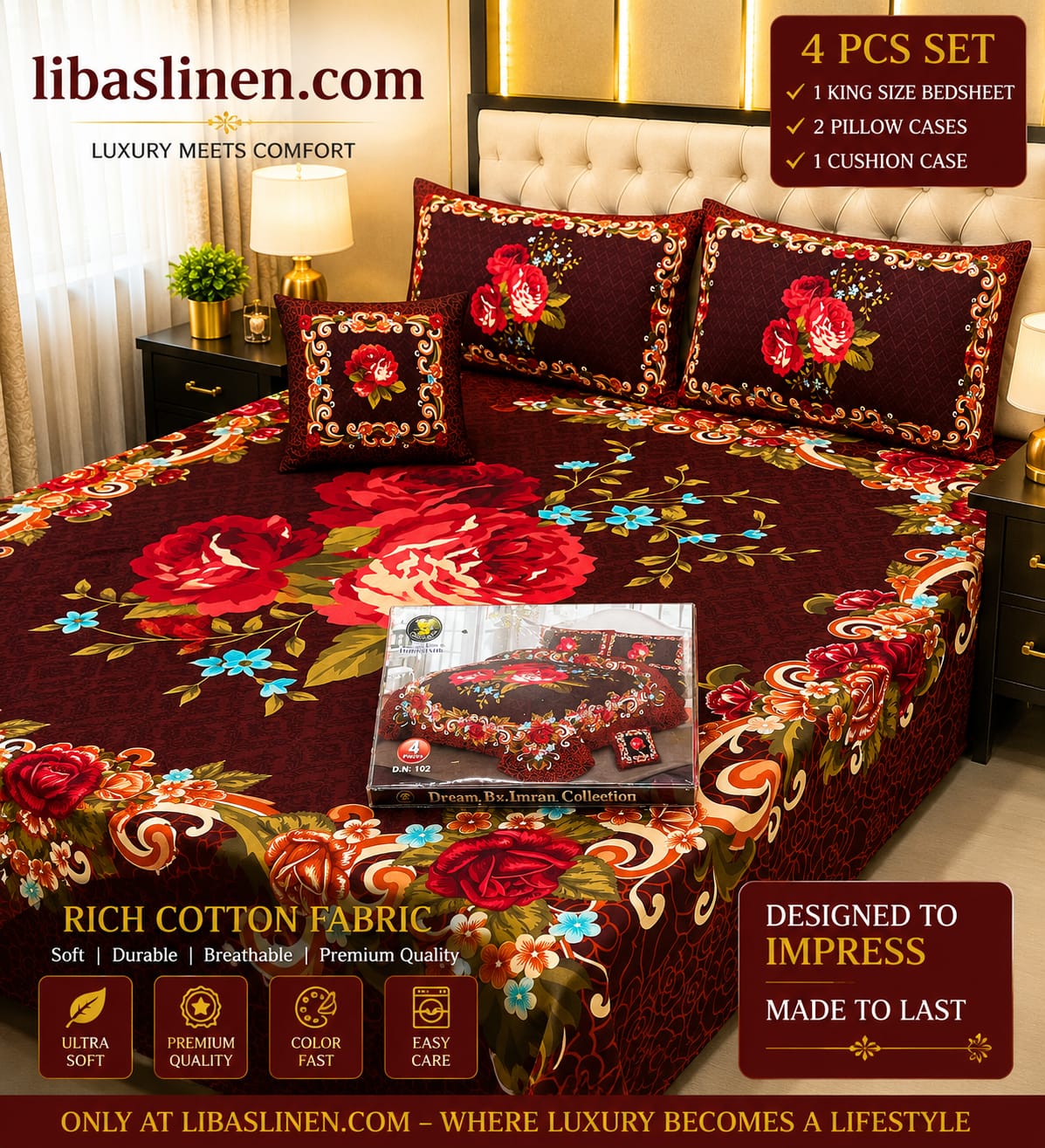 4PCS Bedsheet Set – Soft and 3D Digital Panel Bedsheet