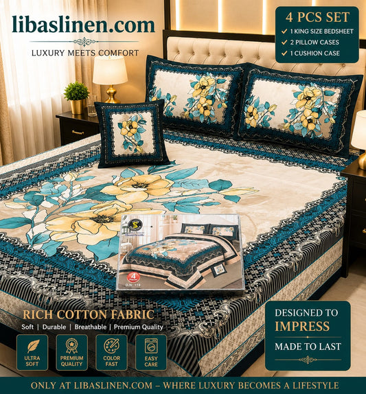 4PCS Bedsheet Set – Soft and 3D Digital Panel Bedsheet