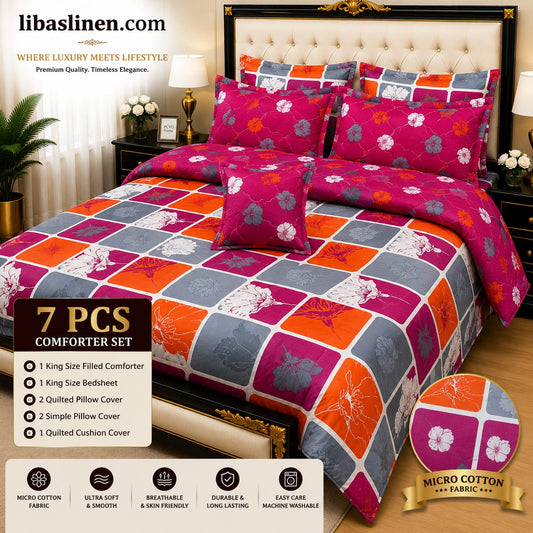 7 Piece Printed Comforter Set – King Size Cotton Mix Luxury Bedding Set with Filled Comforter