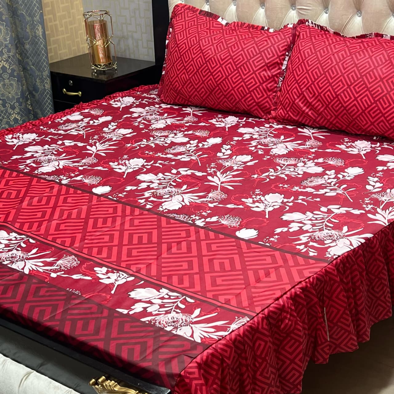 Elegant Red 3 Pcs Stitched Double Sided Frill Bedsheet Set – King Size High Cotton Sylonica Luxury Bedding Set