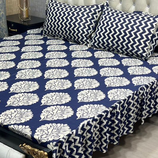 3 Pcs Stitched Double Sided Frill Bedsheet Set – King Size High Cotton Sylonica Fabric Luxury Bedding Set