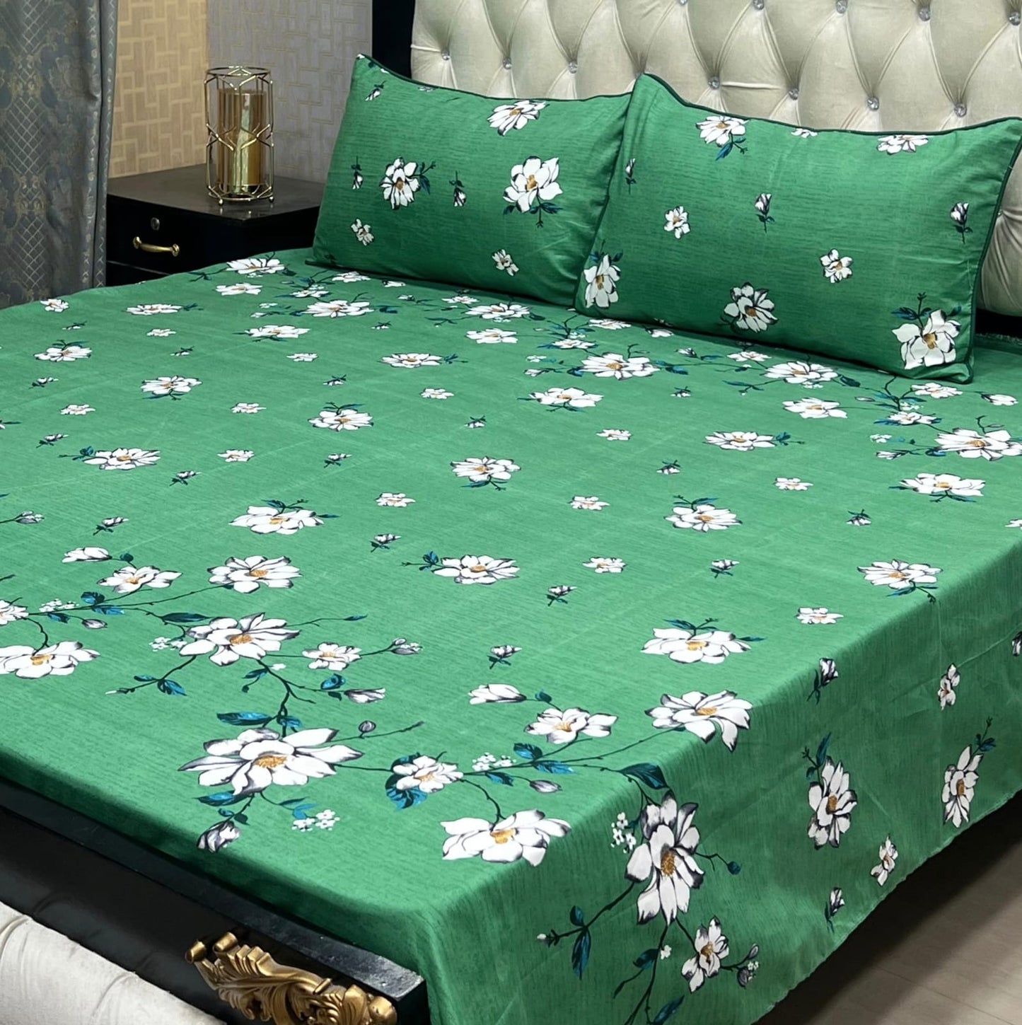 Elegant Green Floral 3 PCS King Size Crystal Cotton Bedsheet Set