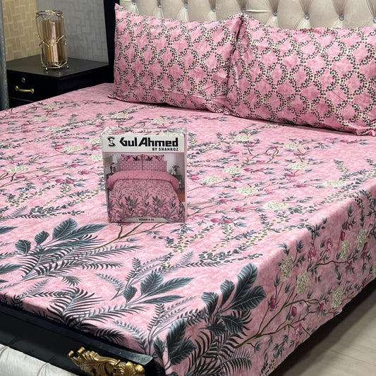 Gift Pack Pink Bedsheet – Gul Ahmed Style Cotton Mix Full Printed King Size 3 Pcs Bedding Set (Most Demanding Collection)