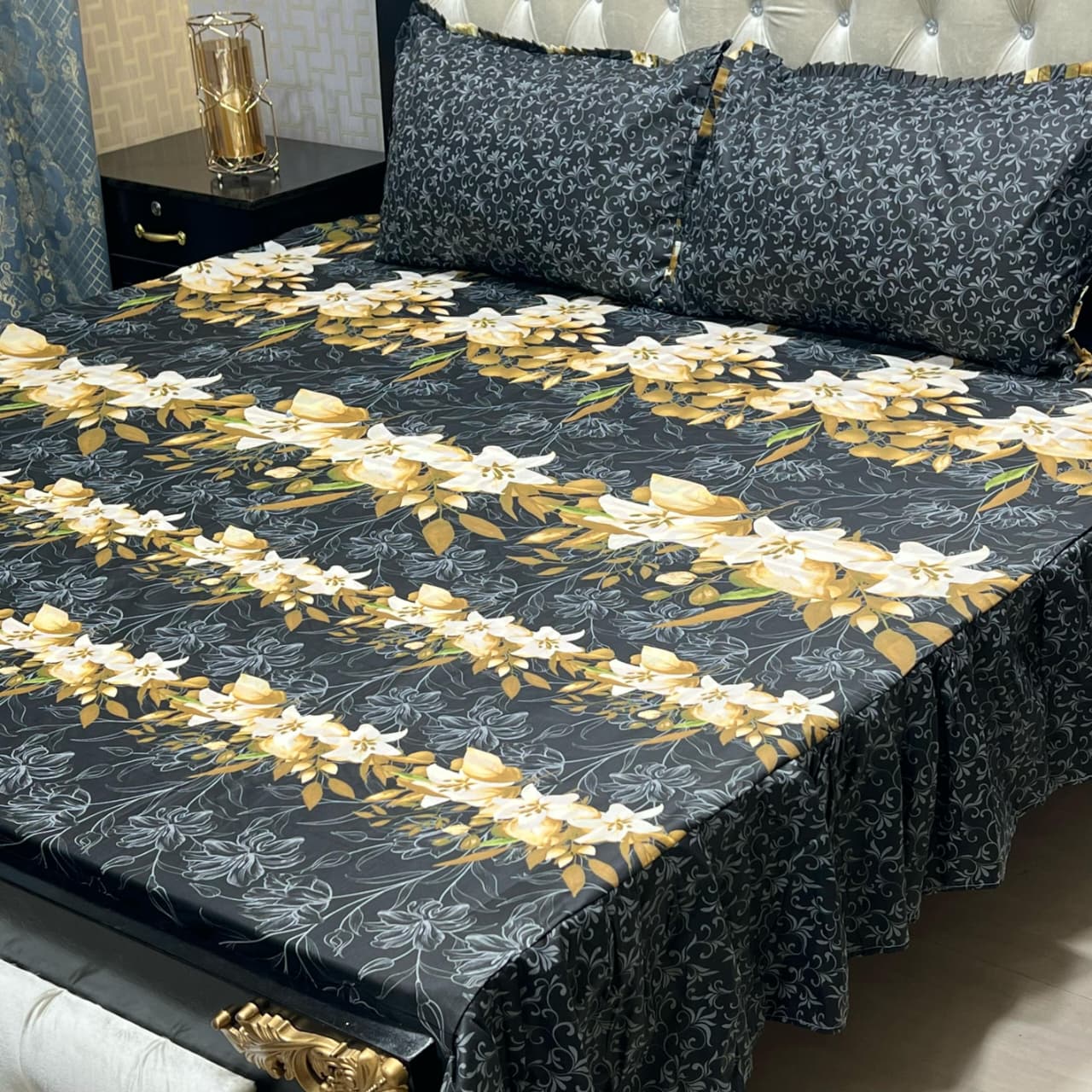 Elegant Grey 3 Pcs Stitched Double Sided Frill Bedsheet Set – King Size High Cotton Sylonica Luxury Bedding Set