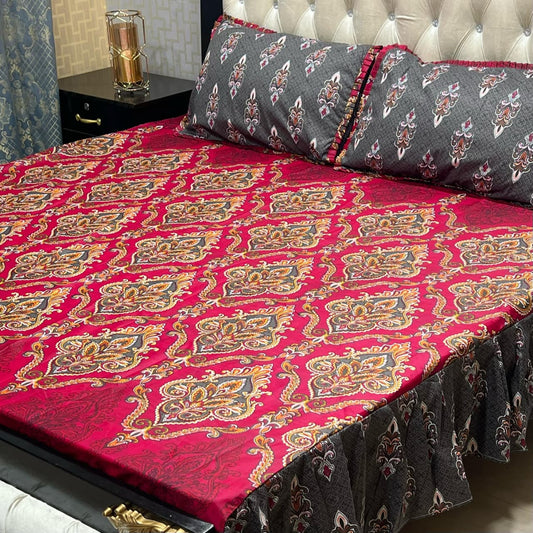 Elegant Pink 3 Pcs Stitched Double Sided Frill Bedsheet Set – King Size High Cotton Sylonica Luxury Bedding Set