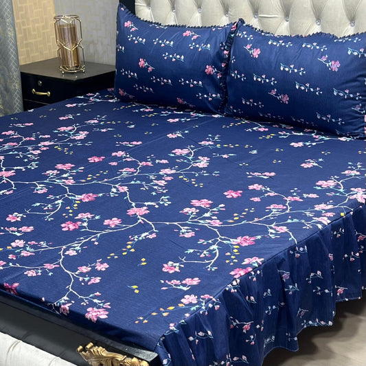 Floral 3 Pcs Frill Bedsheet Set – King Size High Cotton Sylonica Premium Luxury Double Sided Bedding Set