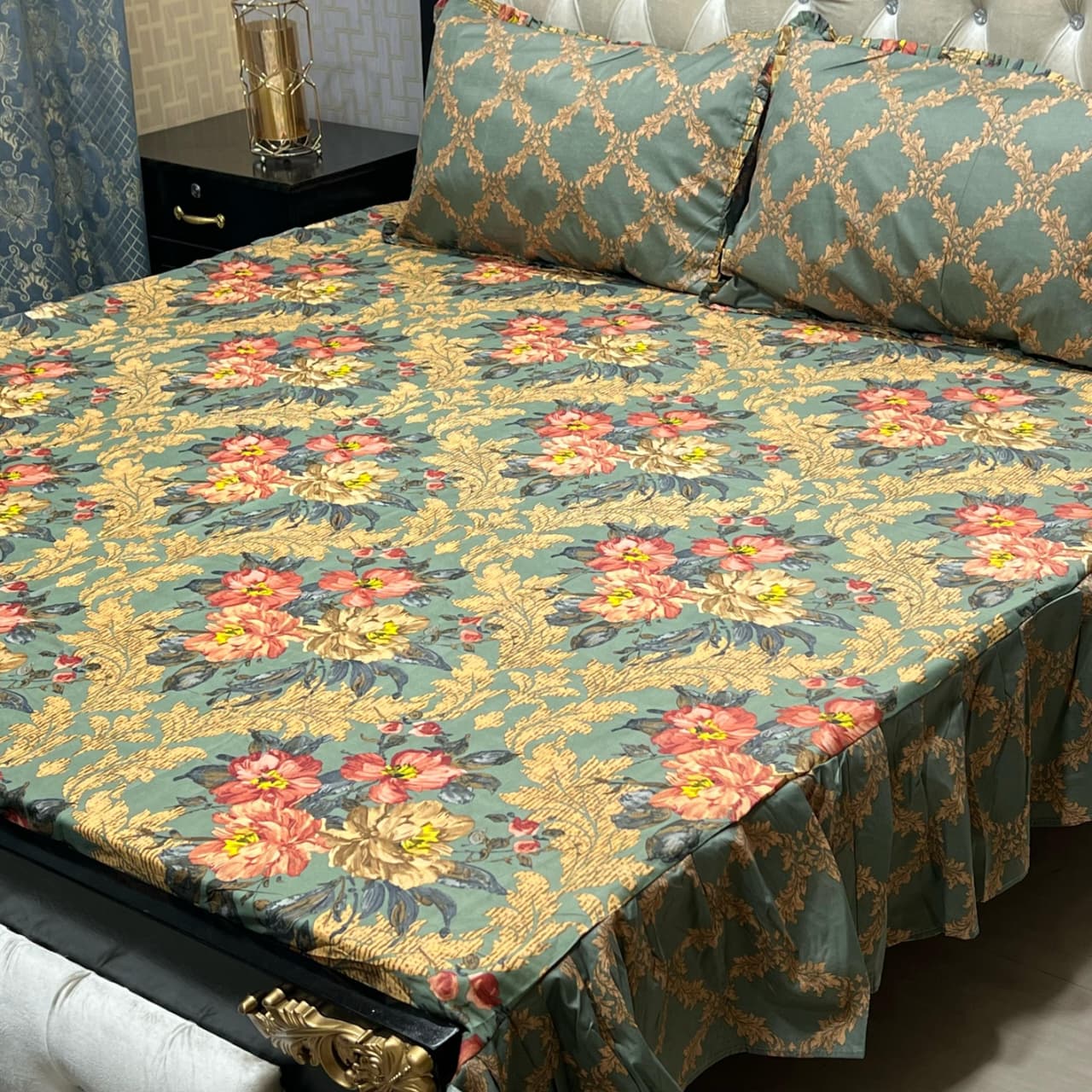 Multicolor 3 Pcs Double Sided Frill Bedsheet Set – King Size High Cotton Sylonica Premium Luxury Bedding Set