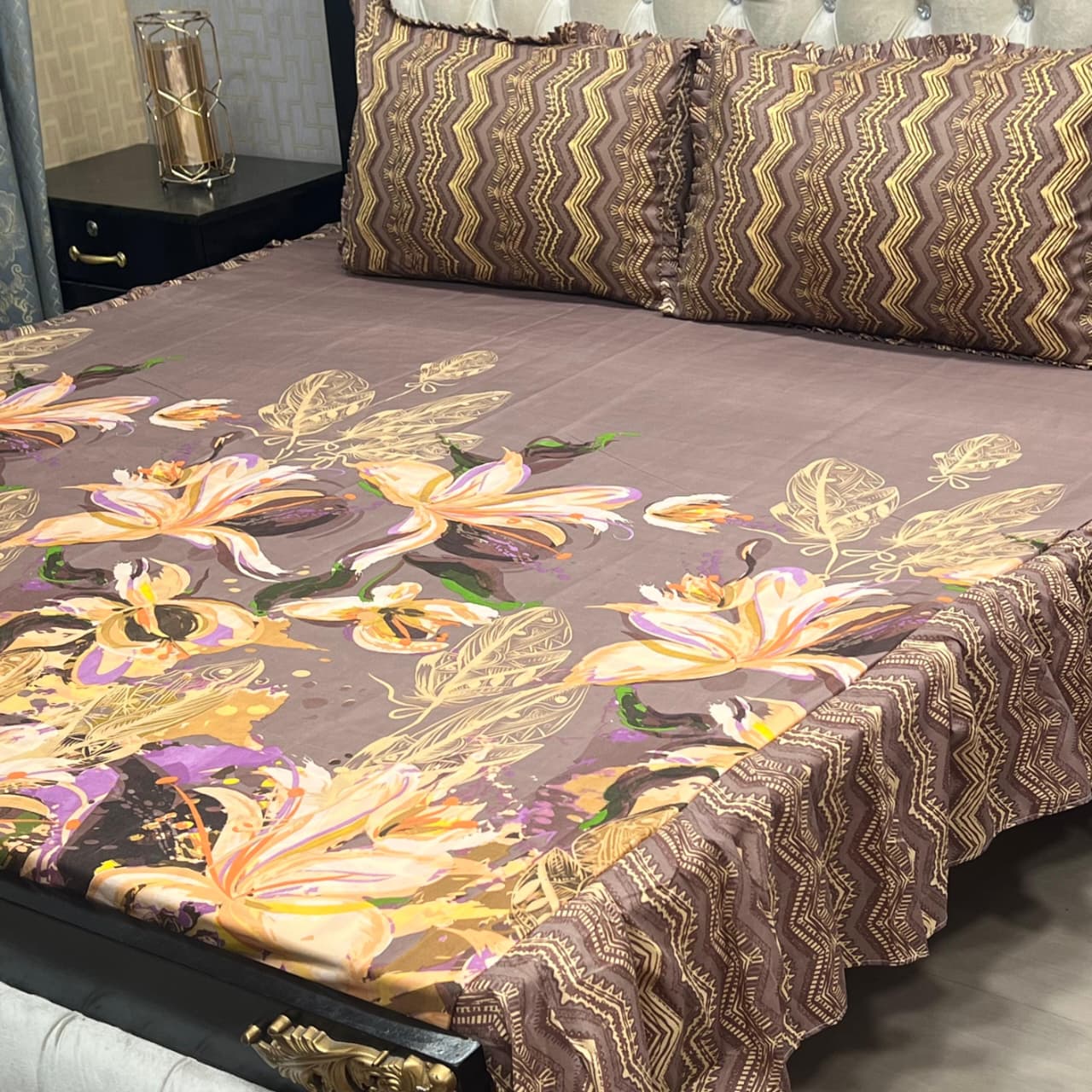 Multicolor Floral 3 Pcs Frill Bedsheet Set – King Size High Cotton Sylonica Premium Luxury Double Sided Bedding Set