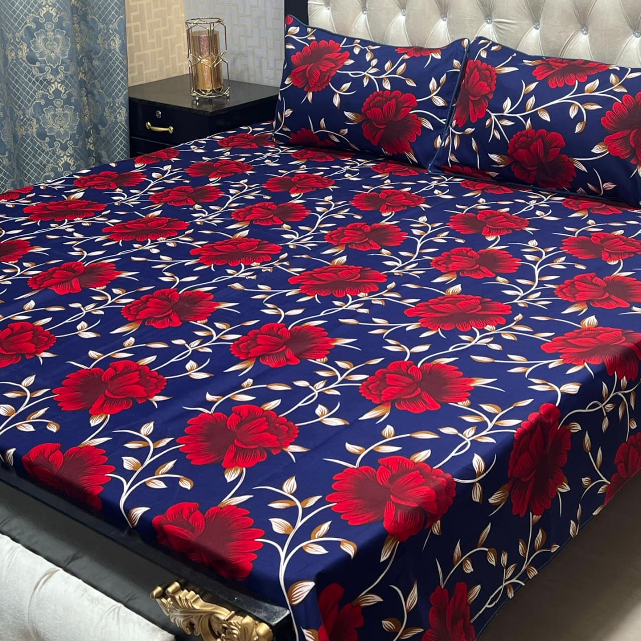 Red Floral Crystal Cotton Bedsheet Set – King Size 3 Piece Printed Bedding Set Blue